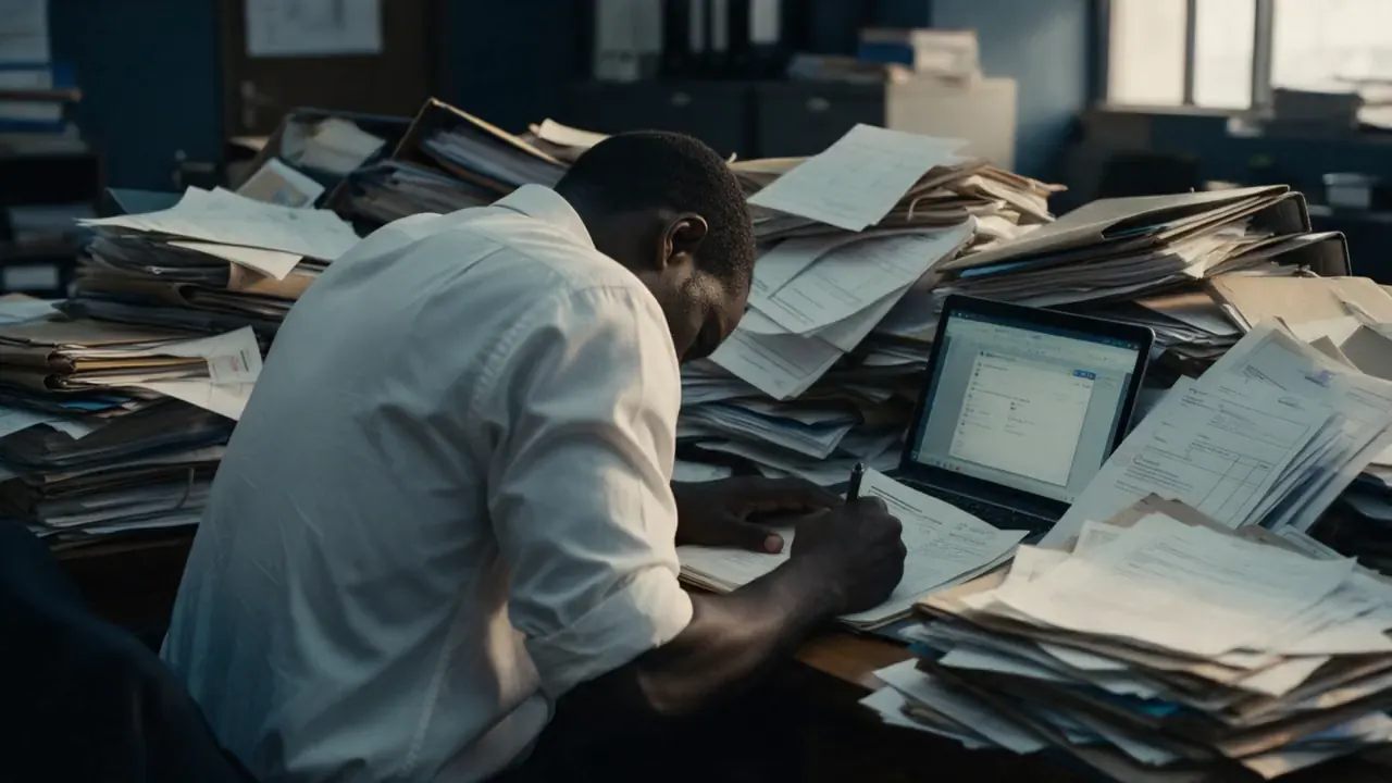 Un employé, visage caché, écrit au milieu de piles de dossiers, l’ordinateur allumé à côté, puis se prend la tête entre les deux mains.