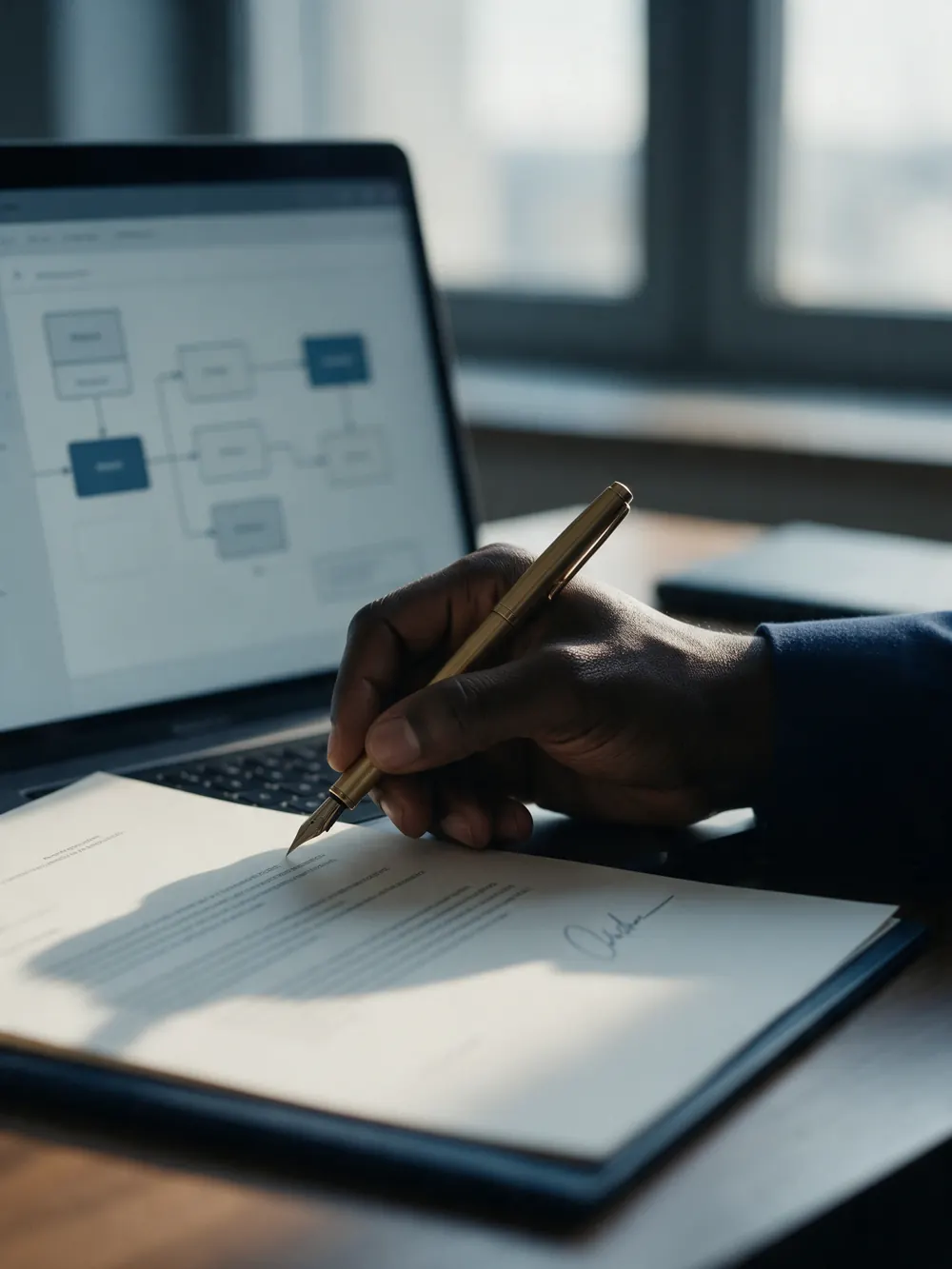 Une main signe un document avec un stylo en laiton, à côté d’un ordinateur qui affiche un circuit de travail ordonné.